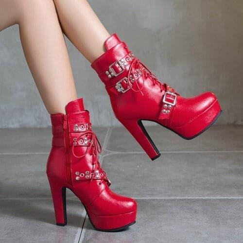 OLOMLB Womens Ankle Boots Platform Belt Buckle Block Super High 12CM Heel Shoes Warm Winter Plus Size Punk Motorcycle 5Colors