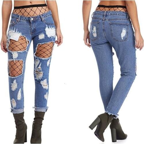 Hot Sale Hollow Out Mesh Patchwork Slim Jeans Women Low-Rice Ripped Holes Distressed Denim Pants Female Cool Boyfriend Trousers