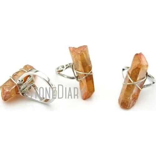 RM13008 10Pcs Peach Clear Crystal Quartz Ring Wire Wrapped Double Wrapped Silver Finish Faceted Pillar Ring Sale Adjustable