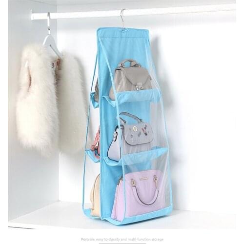 Non-woven Fabric Hanging Storage Bag 6 Pocket Transparent Pocket Double Side Hanging Closet Foldable For Organize