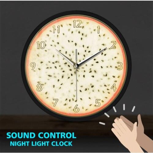Desert King Dragon Fruit Metal Frame LED Wall Clock Sound Control Pitaya Hylocereus Non-Ticking Watch Fresh Fruit Store Decor