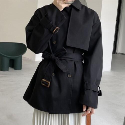 British Womens Trench Thin Coats Full Sleeve Lace Up Short Top Office Lady Cotton Blend Female Spring Autumn Black Khaki New