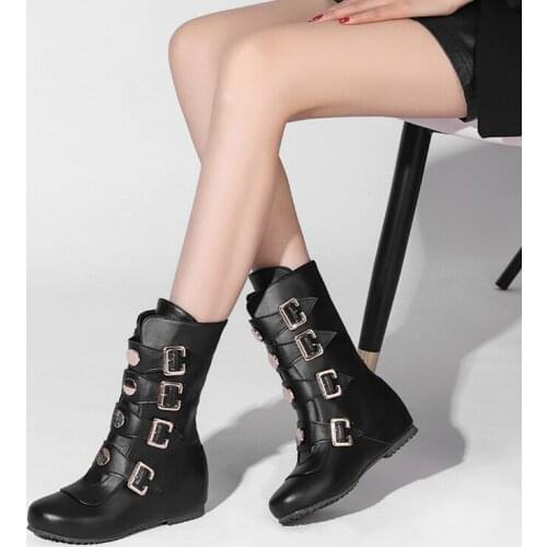 Street Punk Style Metal Buckle Flat-Bottomed Motorcycle Boots Breasted Neutral Large Size Mid-Calf Boots Plush Round Button