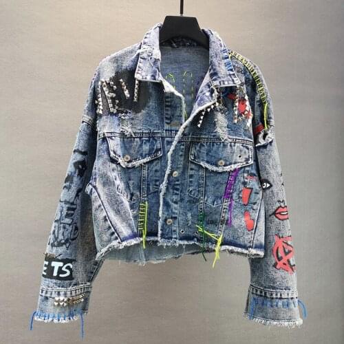 Manual Rivet Beaded Line Tassel Letter Graffiti Print Women Denim Jacket Spring Autumn 2021 Casual Hole Denim Jacket Veste Femme