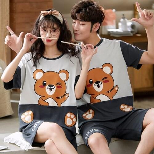 Womens Kawaii Pink Sleepwear Fasion Korean Letter Printing Summer Couple Pajamas Set Mens Cotton O-Neck Short Sleeve Homewear