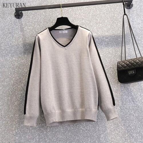 Plus Size V neck Pullover Sweaters Women Autumn Korean Fashion Long Sleeve Loose Stretch Soft Knit Tops Oversized Ladies Jumpers