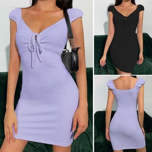 Women Center Bow Ruched Dress Vintage Cap Sleeve Mini Dresses Sexy Deep V-Neck Backless Slinky Dress