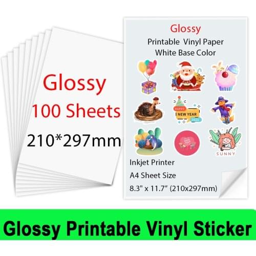 100Sheets A4 210*297mm Glossy Printable Vinyl Sticker Paper for Inkjet printer Self-Adhesive Inkjet Printer Paper Copy Paper