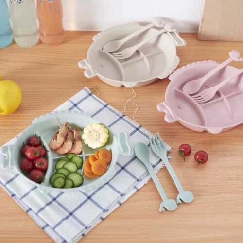 3Pcs Set Bamboo Baby Tableware Kids Divided Bowl Children Baby Plate+Spoon+Fork Baby Feeding Dinnerware Eating Food Dishes