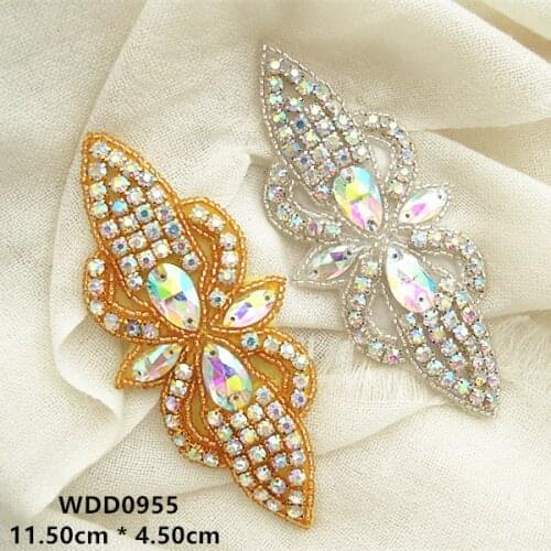30pcs) Bow shape AB Rhinestone applique patch gold beaded crystal applique iron on for wedding dresses WDD0955