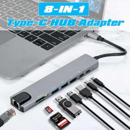 8in1 USB 3 Hub Type-C To HDMI Adapter 4K Thunderbolt USB C with Hub 3.0 TF SD Reader Slot PD RJ45 for MacBook Pro/Air 2020