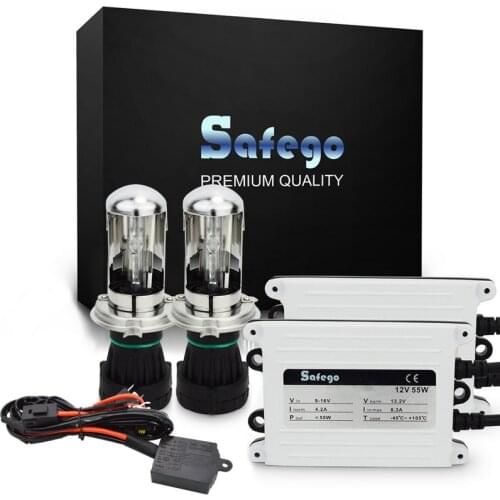 Safego AC 55W HID Bi Xenon Kit H4 Bi-Xenon Headlight Bulbs Hi Lo Beam+Relay Harness+Xenon Ballast 4300K 6000K 8000K AC 12V