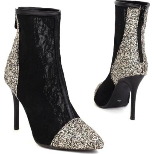 BLXQPYT Designer Brand Luxury Women Shoes 2021 Fashion Sequins Zipper Super High Heels Sexy Lace Mesh Boots Plus Size 48 8830