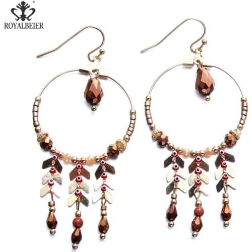 RoyalBeier Bohemian Earrings With Stones Trendy Style Tassel Brincos Female Holiday Round Jewelery Crystal Party Drop Earrings