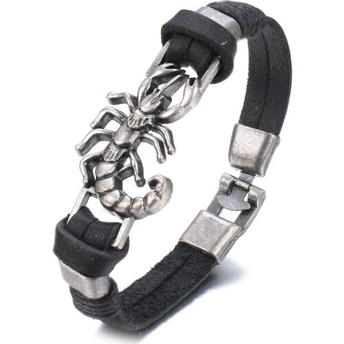 2021 Fashion Jewelry Hand Woven Leather Alloy Scorpion Bracelet Vintage Double Cuff Bracelet for Mens Accessories Pulsera