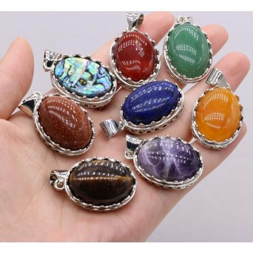 Natural Stone Shell Pendant Egg Cabochon Beads Amethysts Tiger Eye Abalone Shell Charms for DIY Necklace Jewelry Making 20x30mm