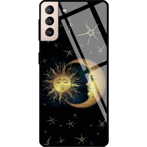 Vintage Sun Moon and Stars Celestial Tempered Glass Case For Samsung Galaxy S21 Ultra Note 20 S8 S9 S10 Note 10 Plus S20 FE