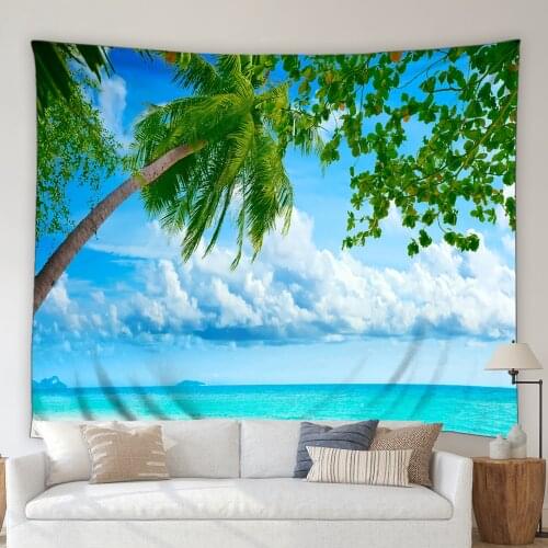 Ocean Landscape Tapestry Beautiful Beach Palm Trees Summer Seaside Scenery Decoration Painting Living Room Wall Hanging Blanket
