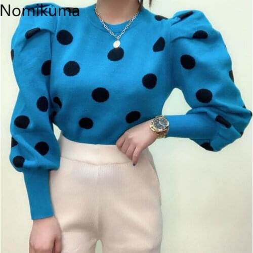Nomikuma Korean Elegant Dot Pullover Knitwear Causal O-neck Women Knitted Tops 2020 Autumn New Ropa De Invierno Mujer 6C380