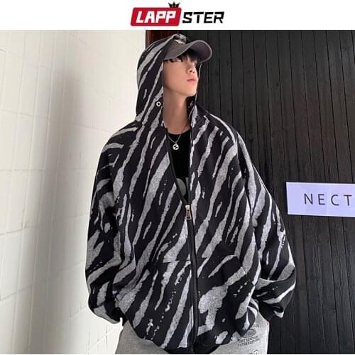 LAPPSTER Men Leopard Harajuku Hooded Jackets Coats 2021 Mens Oversized Japanese Varsity Jacket Male Korean Y2k Black Windbreaker