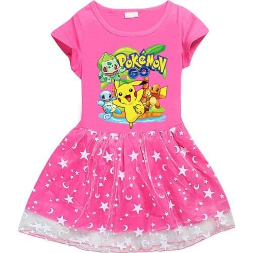 Pokemon Go Anime Girls Dresses Summer Cartoon Princess Pikachu Print Cotton Dress Short Sleeve Star Moon Children Lace Christmas