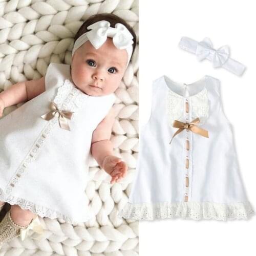 Summer Cute Baby Girl Dress Toddler Kids Bow Design White Sleeveless Princess Dress+Bow Headband 2pcs Outfits Set 0-1Y