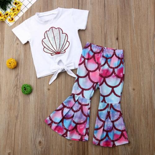 Summer Toddler Kids Baby Girl 0-5Y Clothes Sets Short Sleeve Tops T-Shirt Flared Pants Outfits Sunsuit