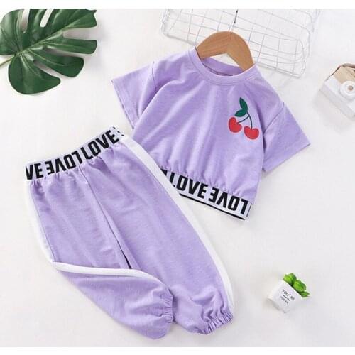 Summer Girls Clothes Sets Cute Cherry Letters Short Sleeve T-shirt Tops Girls Sweatpants Trousers Children Sports Clothing Sets