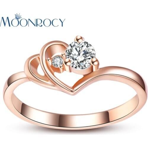 MOONROCY Cubic Zirconia Rose Gold Color Wedding Crystal Rings Simple Dropshipping Jewelry Heart Ring for Women Gift