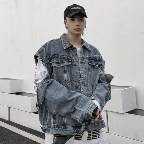 Hip-hop Rap Street Blue Denim Jacket Men 2021 Autumn New Sleeve Detachable Jacket Turn-Down Collar Student Loose Casual