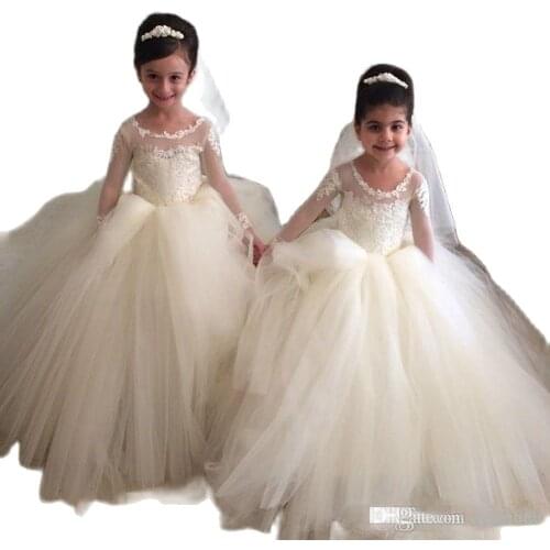 NEWWhite Kids Flower Girl Dresses Ball Gown Lace Spaghetti Strap Puffy Long Toddler Communion Birthday Dress Girls Pageant Wears
