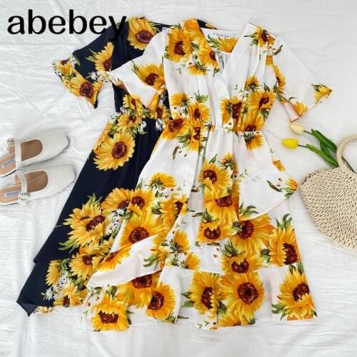 2021 New Summer Women Fashion All-match V-neck Dress sunflower flower print Dress irregular Ruffle A-line Dress