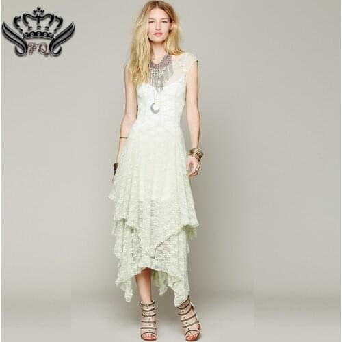 Maxi Dress Summer Boho Hippie Style Asymmetrical Embroidery Sheer Long Lace Dresses Double Layered Ruffled Trimming Low V-Back