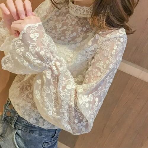 See Through Womens Mesh Sheer Sexy Floral Lace Blouse Long Sleeve Black White Transparent Shirt For Women Office Ladies Tops