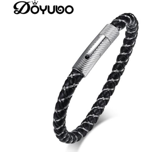 DOYUBO Hot Sale Mens Pu Leather Bangles With Stainless Steel Toggle High Quality Male Punk Style Bangles Accessories DD055