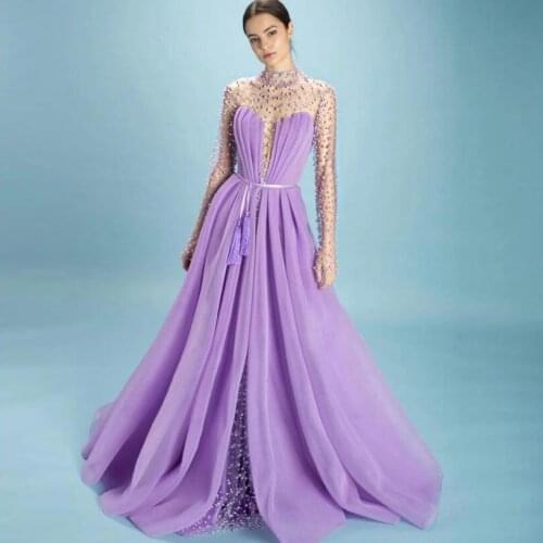 Modern Lavender Pearls A-line Long Formal Event Party Dresses With Pockets Full Sleeves High Collar Prom Bridal Gowns