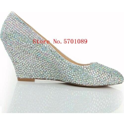Rhinestone Wedge Heel Wedding Bridal Shoes Bling Handmade Prom High Heels Pearl Crystal Round Toe Fashion Nightclub Pumps