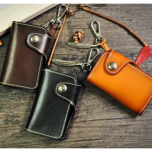 Vintage Genuine Leather Handmade Key Holder Hasp Vegetable Tanned Leather Keychain Durable Car Key Case