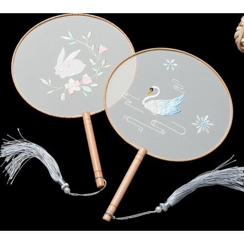 Embroidery hand chinese silk Fan Hanfu Accessories Rabbit Swan Round Woman Summer Photo Dance Fan vintage bambu