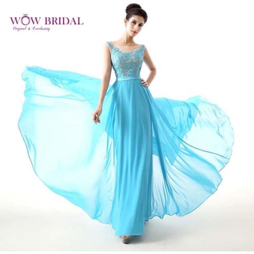 Wowbridal Graceful Long Prom Dress 2021 Boat Neck Open Back Appliqued Shirt Chiffon Draped A-Line Formal Women Dress with Sash