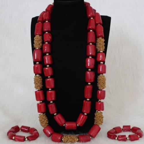 Dudo Jewellery 34 inches 15-23mm Nature Coral Beads Nigerian Wedding African Bridal Jewelry Set For Women Red / Wine And Gold