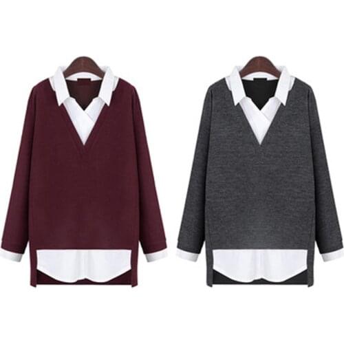 New Fashion tricot blusas 2019 Women tops Fake two-piece shirt turn-down collar sweater women clothing sweater plus size 5XL