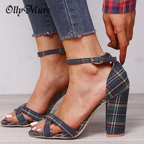 OllyMurs Women Sexy Sandals Lady High Heels Design Womens Gingham Shoes Lady Party Female Ankle Wrap Flock 2020 Summer