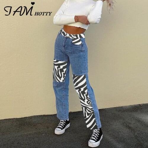 Harajuku y2k Zebra Print Patchwork Womens Straight Jeans High Waist Fashion Harajuku Baggy Mom Denim Aesthetic Trouser Iamhotty