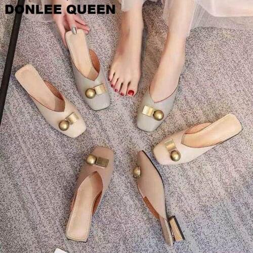 Women Slippers Sandals 2020 Summer Wooden Block Heel Slip On Mule Flat Heel Casual Shoes Metal Buckle Slides Slipper Big Size 41