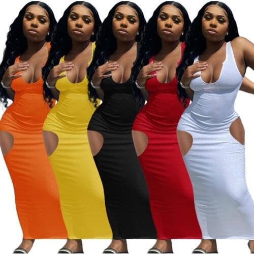 Womens Sexy Deep V Neck Camisole Slim Maxi Dresses Sleeveless Hollow Out Tank Long Dress Casual Cut Out Bodycon Knitted Dress
