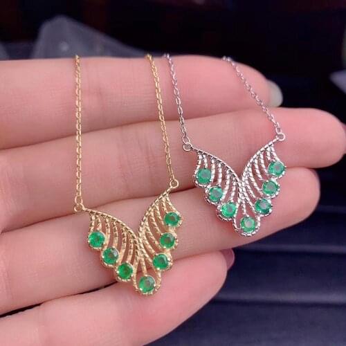 Natural green emerald gemstone pendant girl silver necklace jewelry birthday party gift shiny natural gem feather golden color