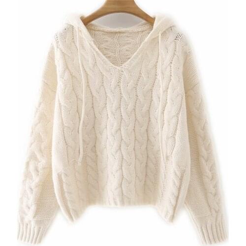 ZXQJ Women 2021 Sweet Fashion Hooded twist Cable-Knit Sweater Vintage V Neck Long Sleeve Female Tops