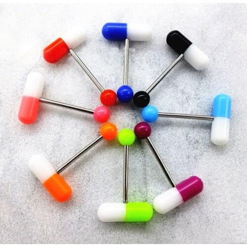 10PCS Acrylic Pill Tongue Ring Barbell Trendy Piercing Tongue Rings Stainless Steel Punk Fashion Body Piercing Jewelry For Women