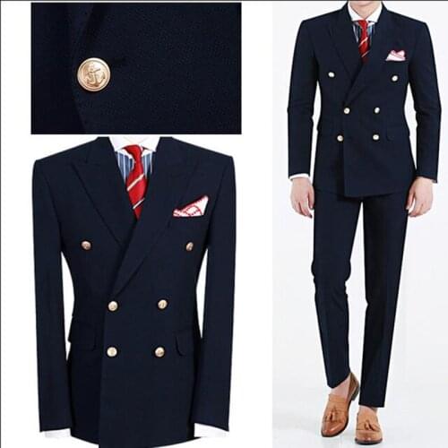 2019 Terno Masculino Latest Design men suit Navy Blue Peaked Lapel Double Breasted mens Suits High quality 2 Pieces jacket+pants